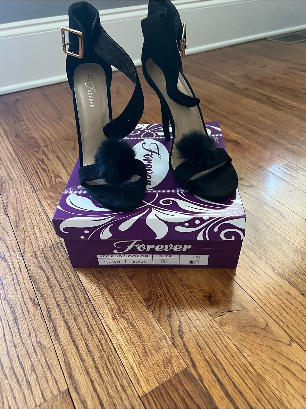Forever 21 Black Suede Pom-Pom Ankle Strap Stiletto Heels